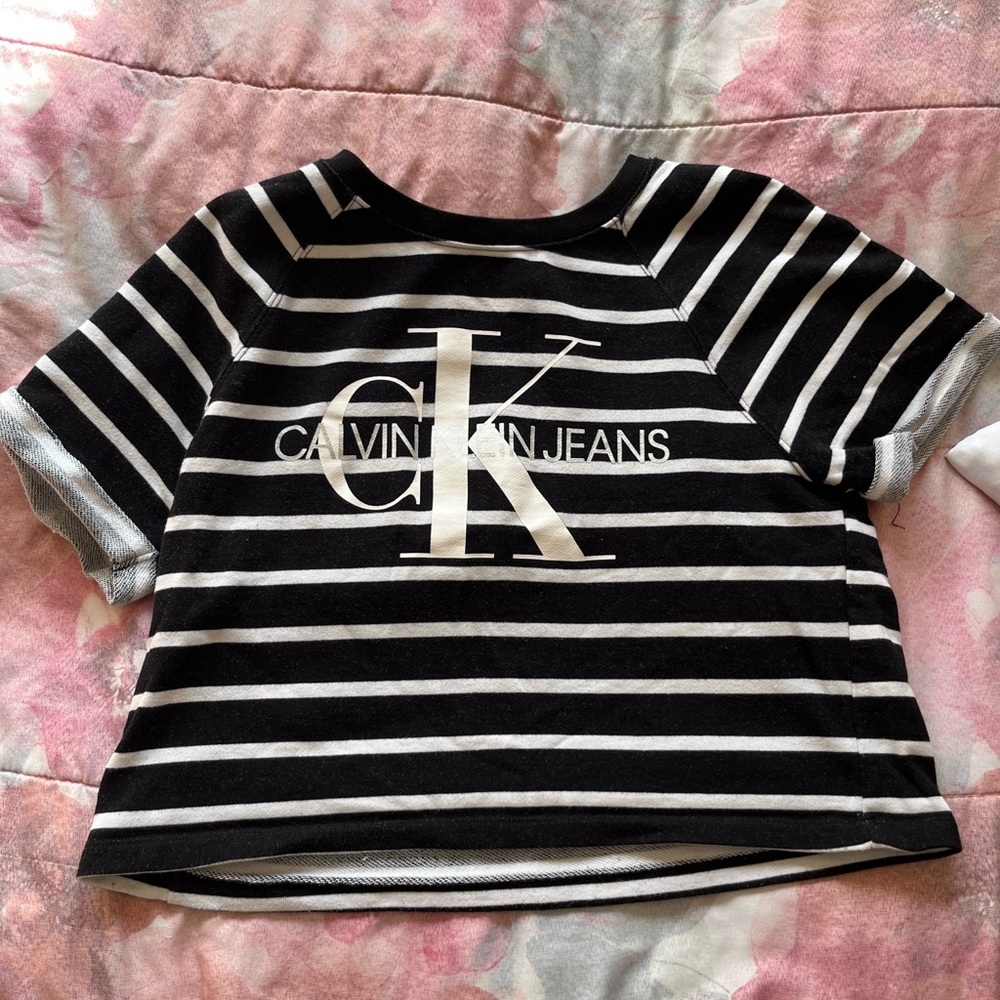 Calvin Klein black and white stripped cropped shirt
